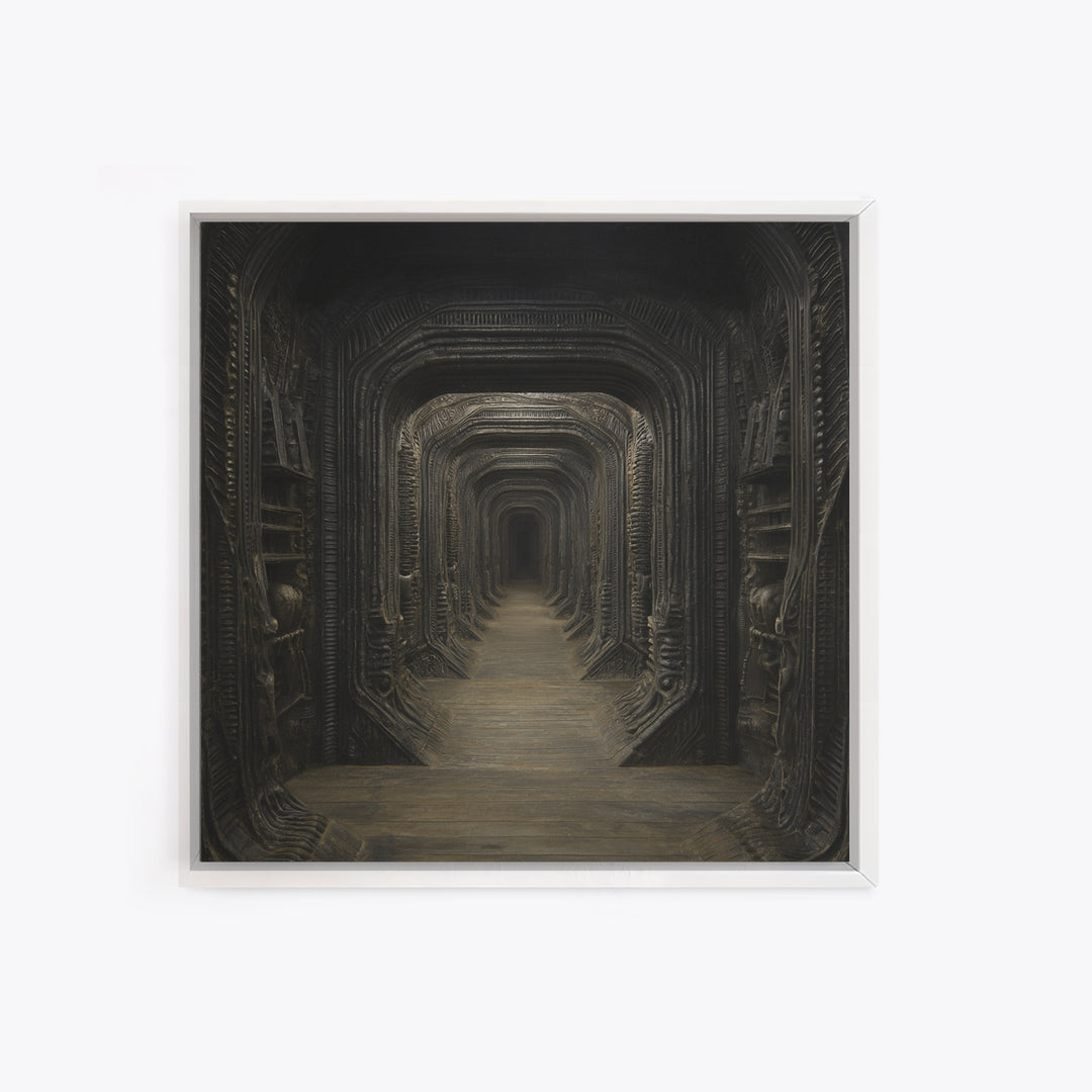 The Infinite Hallway, Biomechanical Horror Art, Square Wall Art, Dark Fantasy Wall Art, Framed Canvas Print, Halloween Wall Art