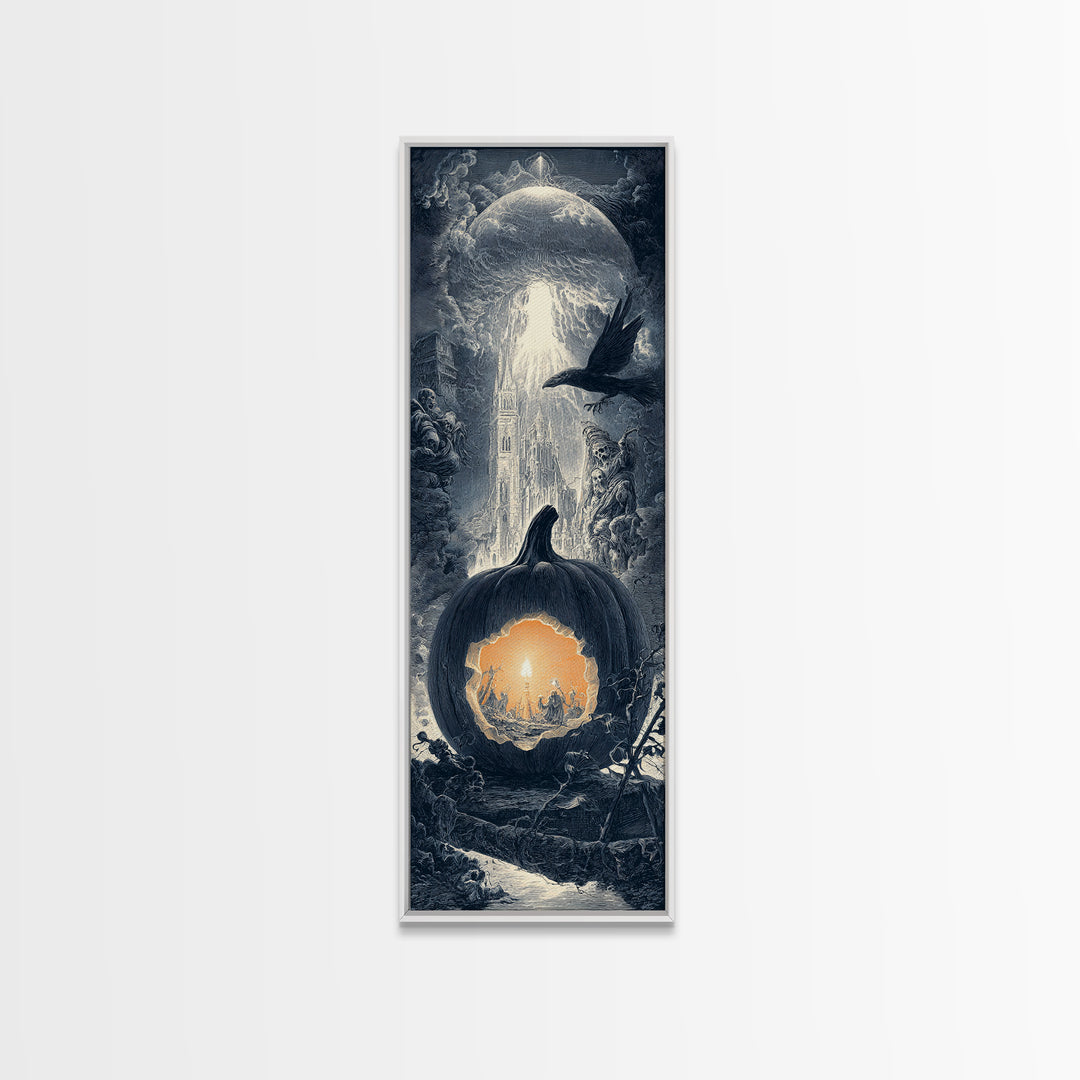 The Moon Inside A Pumpkin, Gothic Engraving Art, Tall Narrow Wall Art, Macabre Wall Art, Framed Canvas Print, Halloween Wall Art