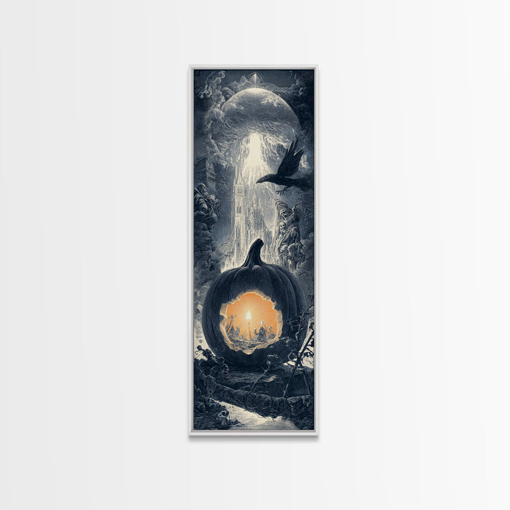 The Moon Inside A Pumpkin, Gothic Engraving Art, Tall Narrow Wall Art, Macabre Wall Art, Framed Canvas Print, Halloween Wall Art