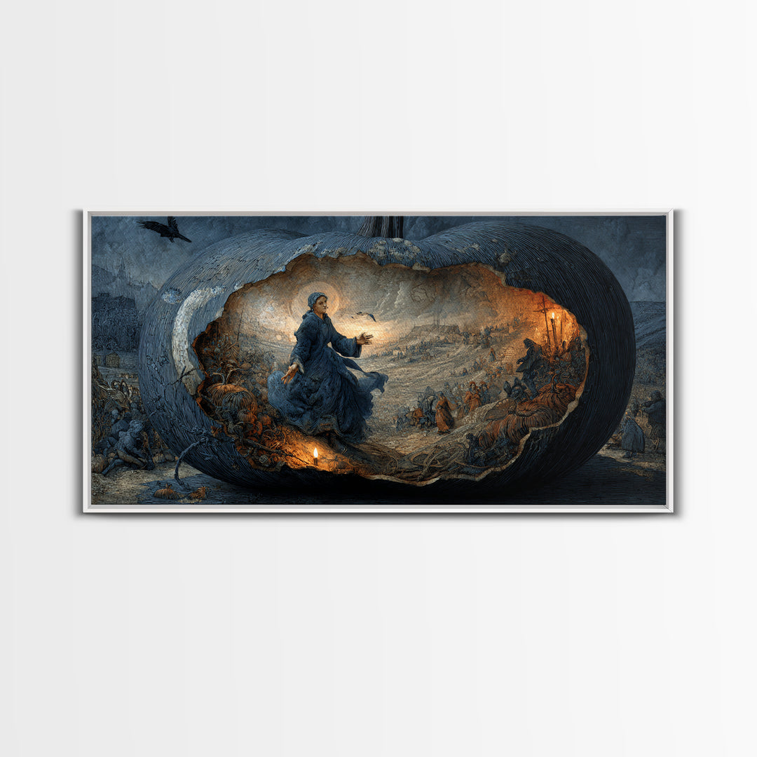The Moon Inside A Pumpkin, Northern Renaissance Horror, Wide Panoramic Art, Dark Halloween Decor, Framed Canvas Print