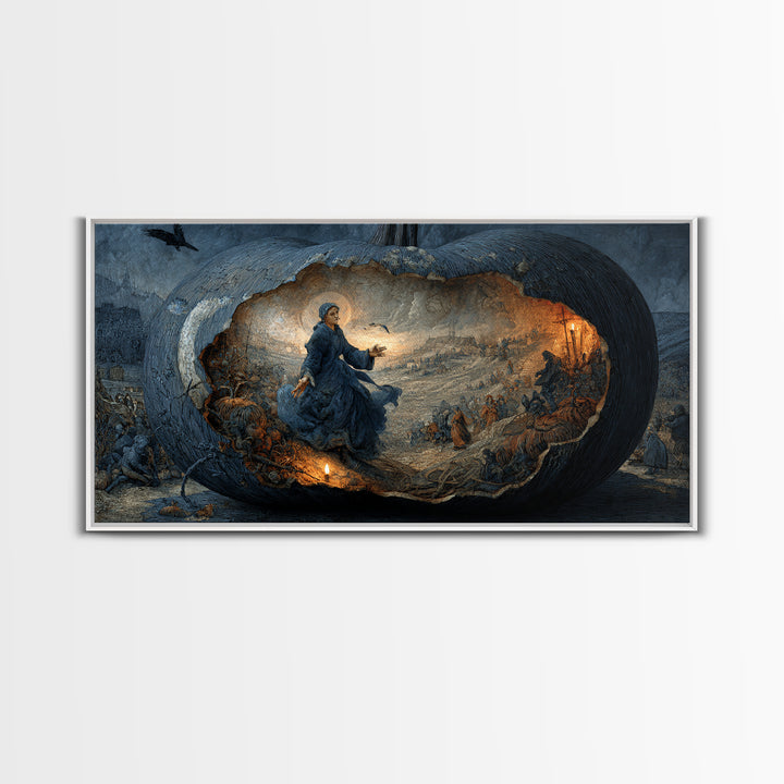 The Moon Inside A Pumpkin, Northern Renaissance Horror, Wide Panoramic Art, Dark Halloween Decor, Framed Canvas Print