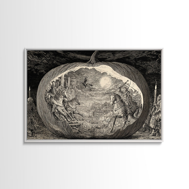 The Moon Inside A Pumpkin, Renaissance Engraving Art, Landscape Wall Art, Macabre Wall Art, Canvas Print, Halloween Wall Art
