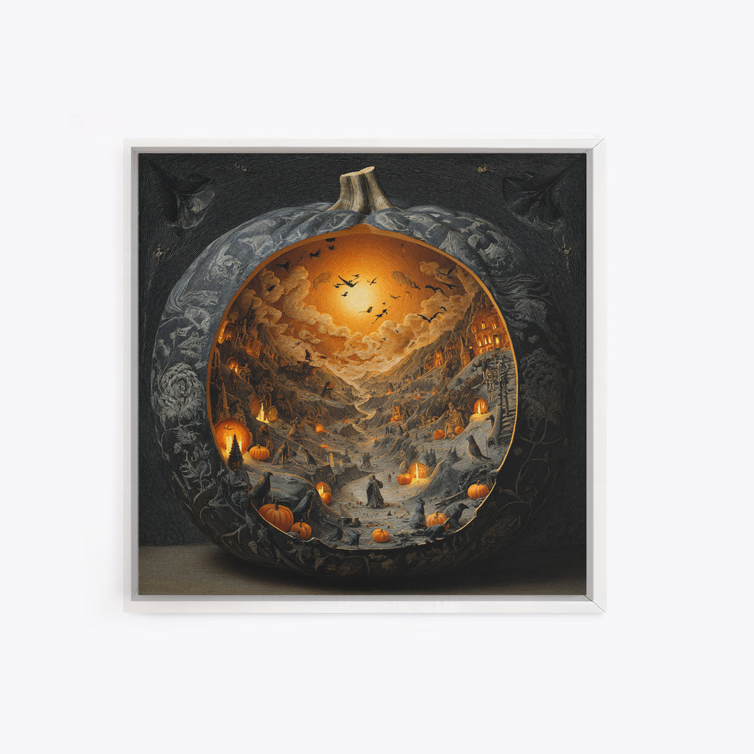 The Moon Inside A Pumpkin, Danse Macabre Art, Square Wall Art, Dark Halloween Decor, Framed Canvas Print