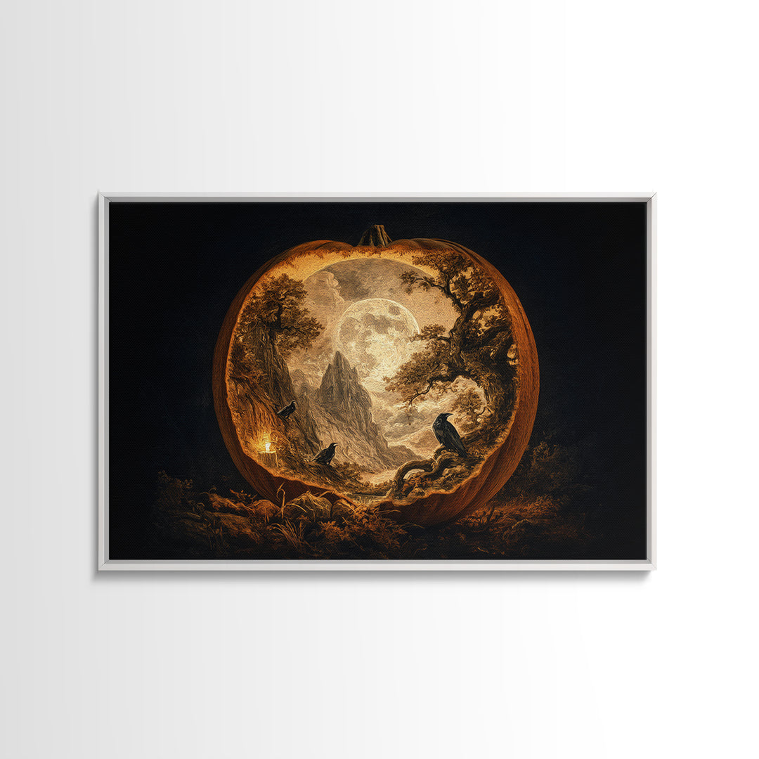 The Moon Inside A Pumpkin, Baroque Witchcraft Art, Landscape Wall Art, Dark Fantasy Wall Art, Framed Canvas Print, Halloween Wall Art