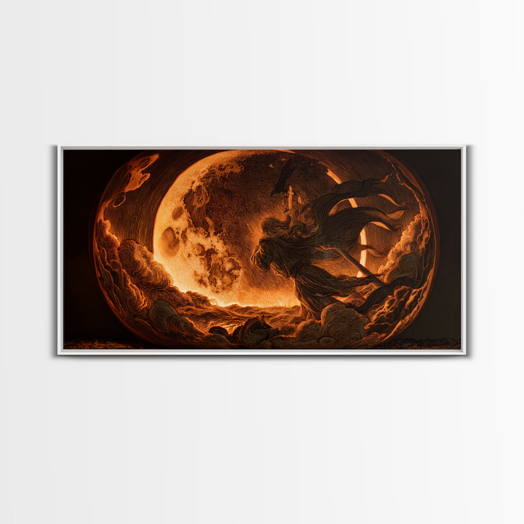 The Moon Inside A Pumpkin, Visionary Gothic Art, Wide Panoramic Art, Dark Halloween Decor, Framed Canvas Print, Halloween Wall Art