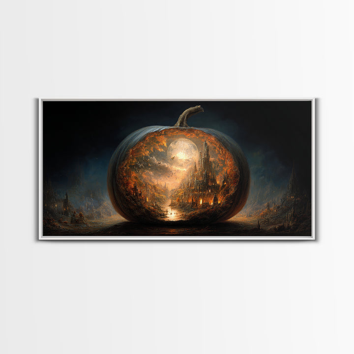The Moon Inside A Pumpkin, Apocalyptic Romantic Art, Wide Panoramic Art, Gothic Horror Wall Art, Framed Canvas Print, Halloween Wall Art