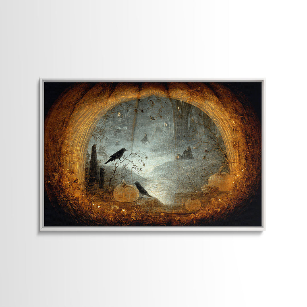 The Moon Inside A Pumpkin, Symbolist Dream Art, Landscape Wall Art, Macabre Wall Art, Framed Canvas Print, Halloween Wall Art