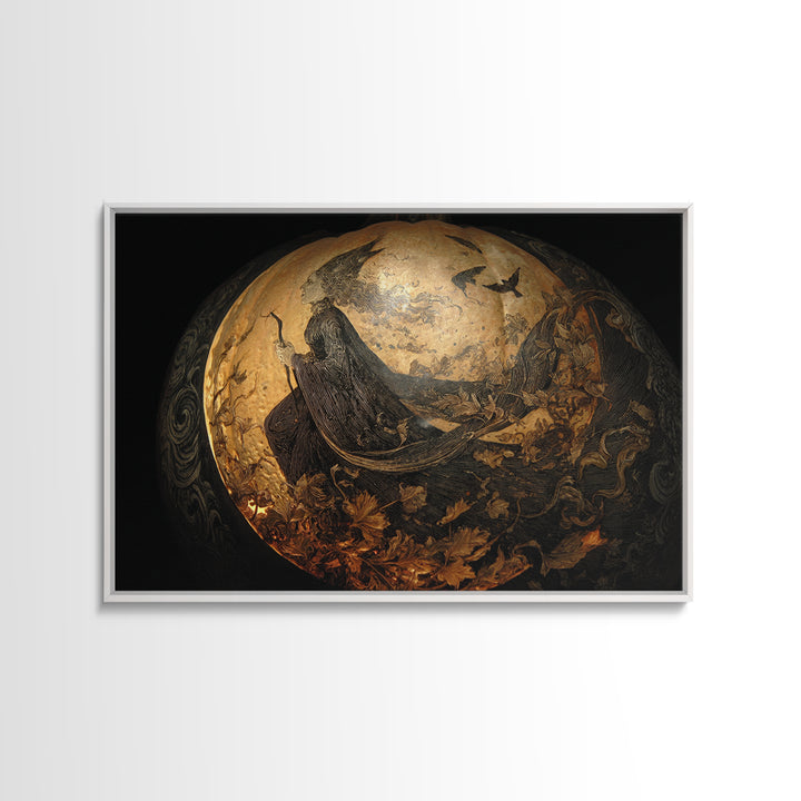 The Moon Inside A Pumpkin, Ornate Symbolist Art, Landscape Wall Art, Dark Halloween Decor, Framed Canvas Print, Halloween Wall Art
