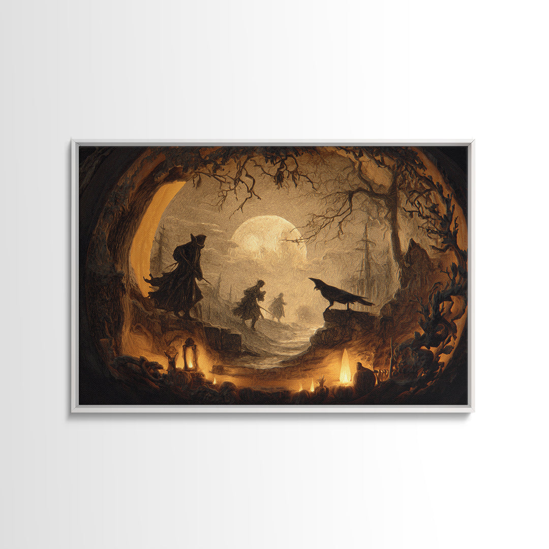 The Moon Inside A Pumpkin, Symbolist Etching Art, Landscape Wall Art, Dark Halloween Decor, Canvas Print, Halloween Wall Art