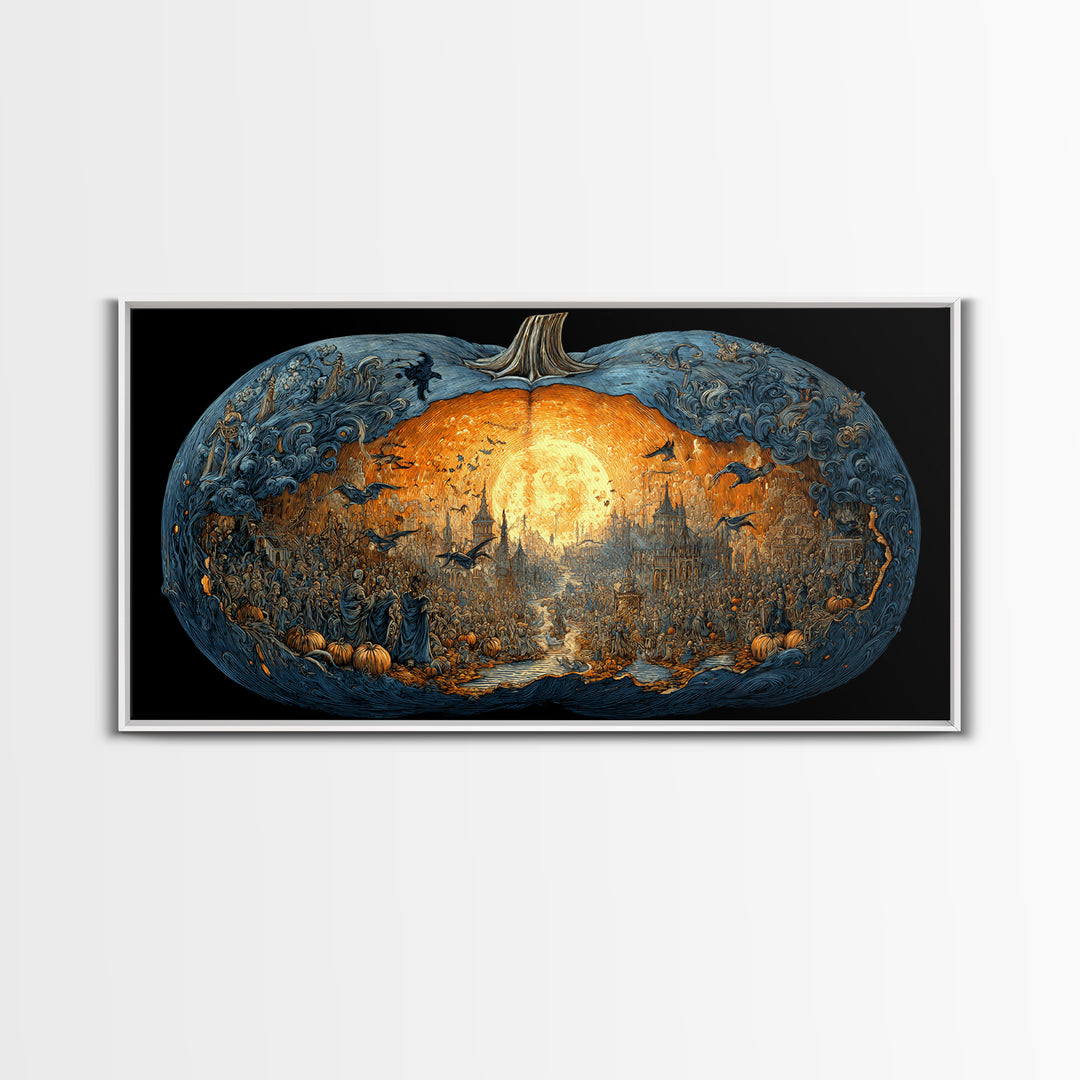 The Moon Inside A Pumpkin, Grotesque Carnival Art, Wide Panoramic Art, Dark Halloween Decor, Framed Canvas Print, Halloween Wall Art