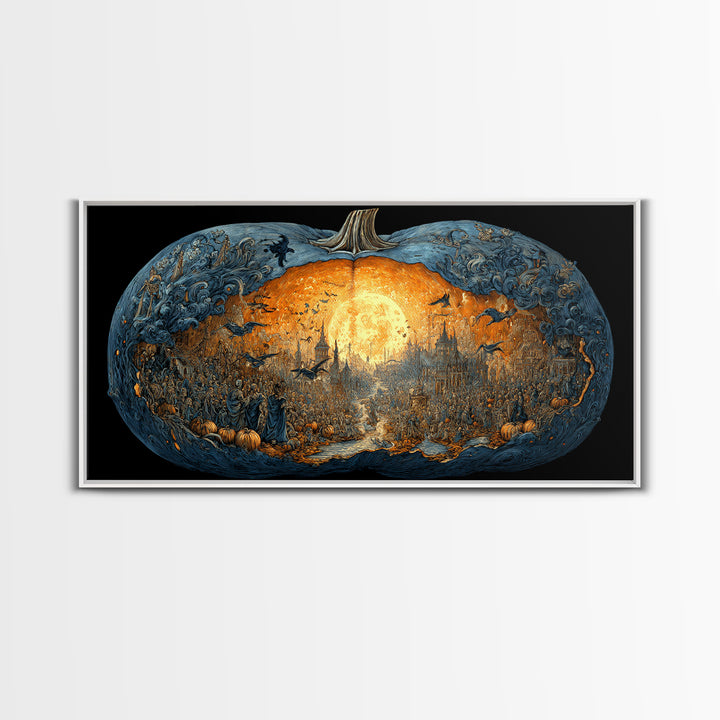 The Moon Inside A Pumpkin, Grotesque Carnival Art, Wide Panoramic Art, Dark Halloween Decor, Framed Canvas Print, Halloween Wall Art