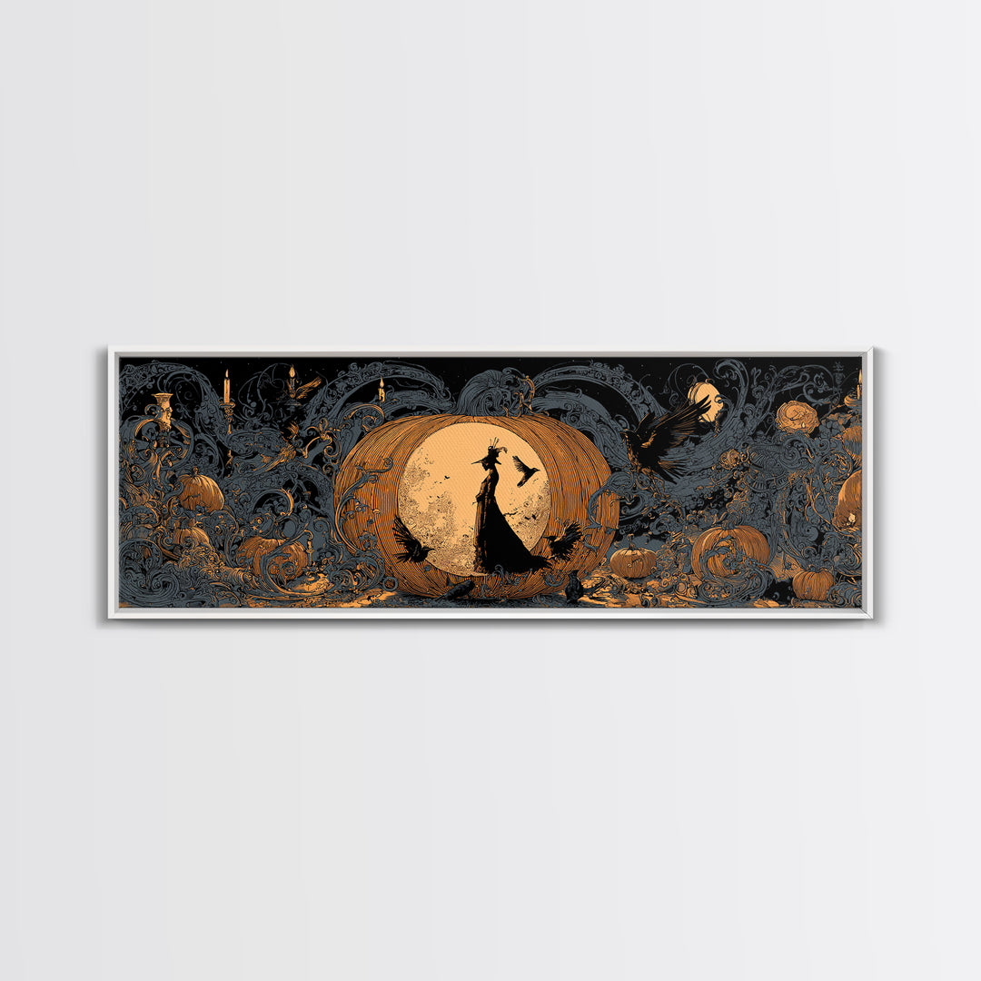 The Moon Inside A Pumpkin, Decadent Line Art, Extra Wide Wall Art, Gothic Horror Wall Art, Canvas Print, Halloween Wall Art
