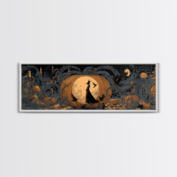 The Moon Inside A Pumpkin, Decadent Line Art, Extra Wide Wall Art, Gothic Horror Wall Art, Canvas Print, Halloween Wall Art