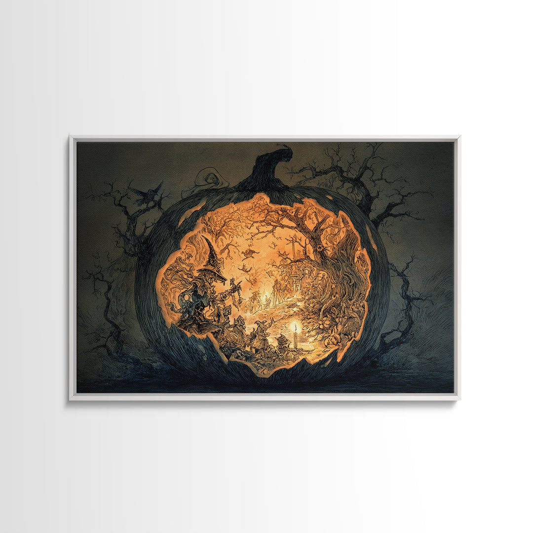 The Moon Inside A Pumpkin, Gothic Storybook Art, Landscape Wall Art, Dark Fantasy Wall Art, Framed Canvas Print, Halloween Wall Art