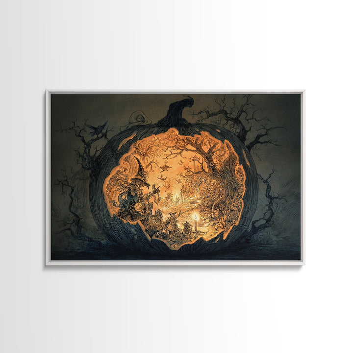 The Moon Inside A Pumpkin, Gothic Storybook Art, Landscape Wall Art, Dark Fantasy Wall Art, Framed Canvas Print, Halloween Wall Art