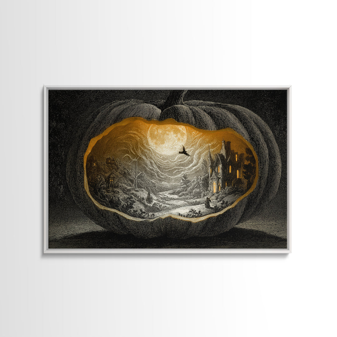 The Moon Inside A Pumpkin, Victorian Macabre Art, Landscape Wall Art, Gothic Horror Wall Art, Framed Canvas Print, Halloween Wall Art