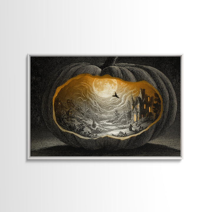 The Moon Inside A Pumpkin, Victorian Macabre Art, Landscape Wall Art, Gothic Horror Wall Art, Framed Canvas Print, Halloween Wall Art