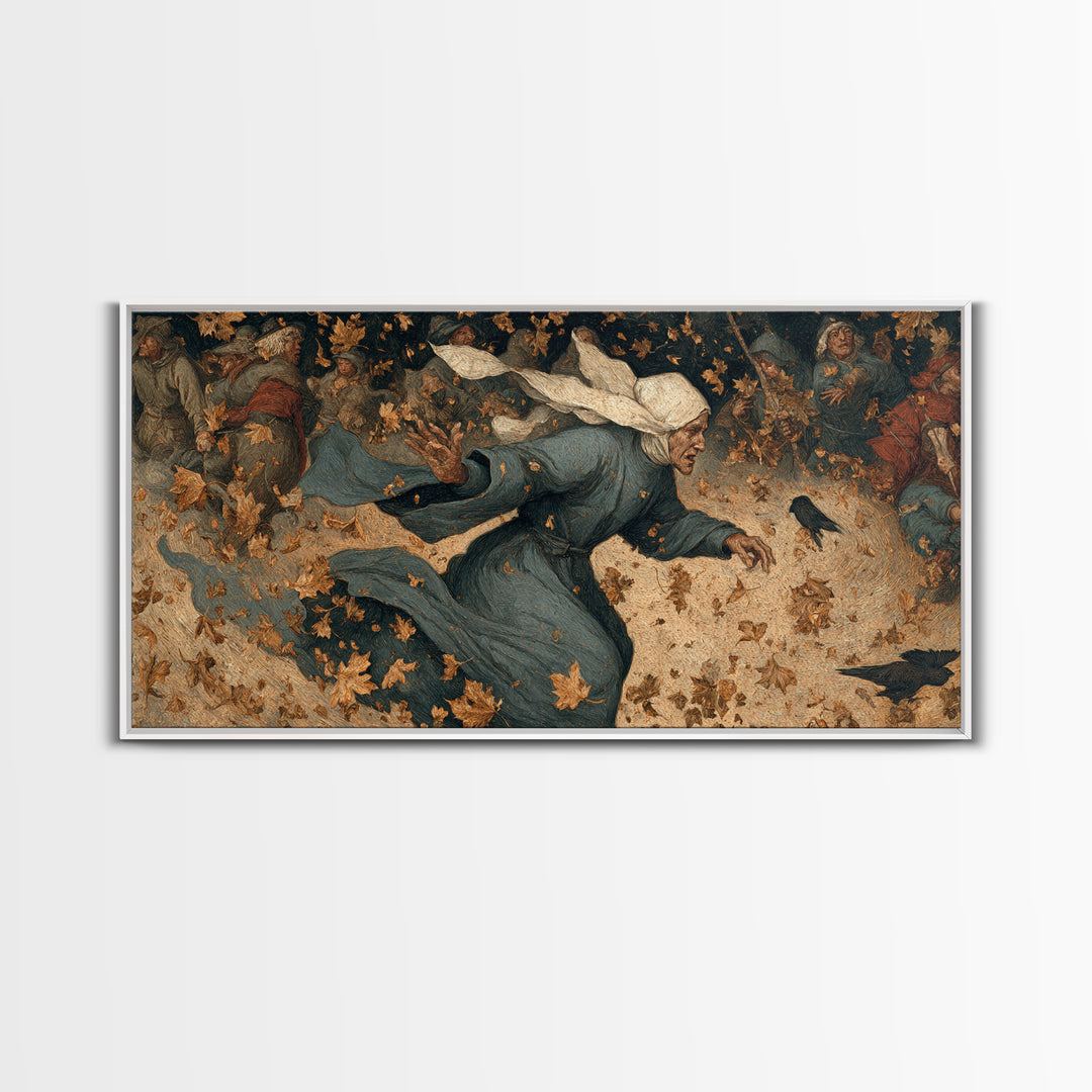 The Autumn-Leaf Ghost, Northern Renaissance Horror, Wide Panoramic Art, Dark Fantasy Wall Art, Framed Canvas Print