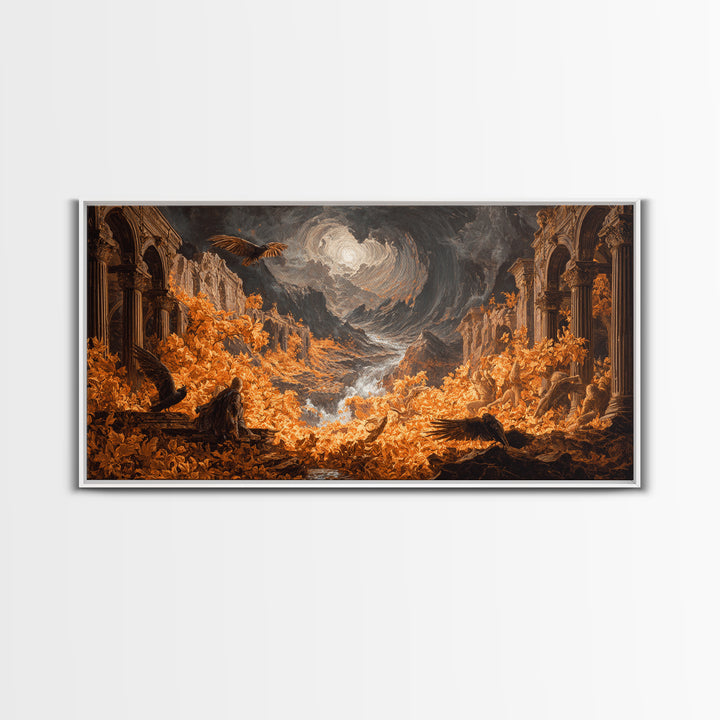 The Autumn-Leaf Ghost, Apocalyptic Romantic Art, Wide Panoramic Art, Macabre Wall Art, Framed Canvas Print, Halloween Wall Art