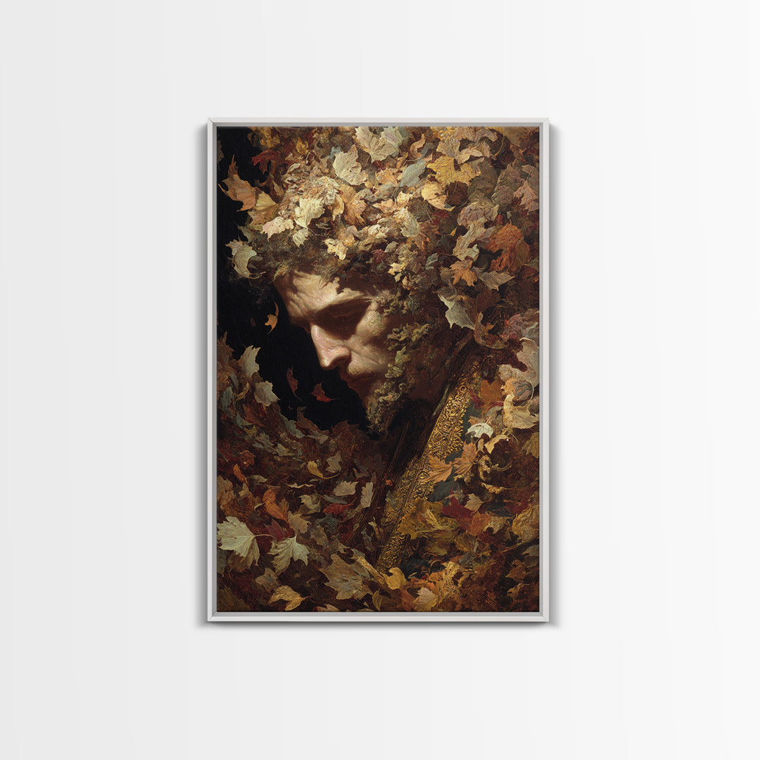The Autumn-Leaf Ghost, Ornate Symbolist Art, Vertical Wall Art, Dark Halloween Decor, Framed Canvas Print, Halloween Wall Art