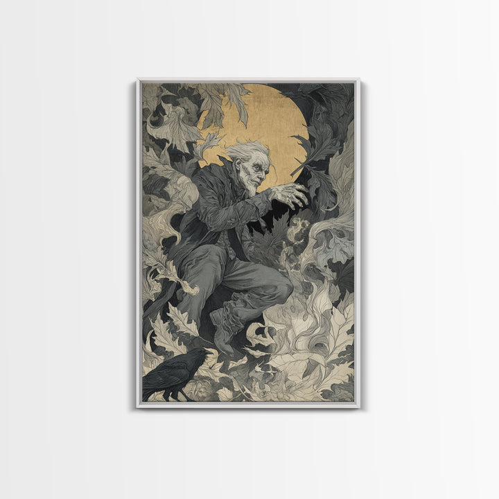 The Autumn-Leaf Ghost, Symbolist Etching Art, Vertical Wall Art, Dark Halloween Decor, Canvas Print, Halloween Wall Art, Horror Wall Art
