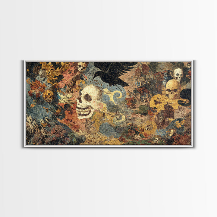 The Autumn-Leaf Ghost, Grotesque Carnival Art, Wide Panoramic Art, Gothic Horror Wall Art, Framed Canvas Print, Halloween Wall Art