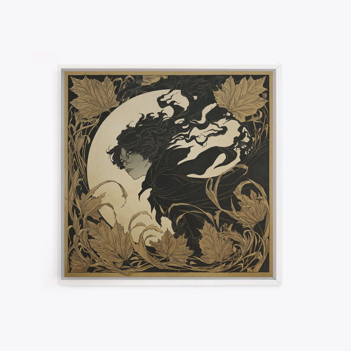 The Autumn-Leaf Ghost, Decadent Line Art, Square Wall Art, Dark Halloween Decor, Framed Canvas Print, Halloween Wall Art
