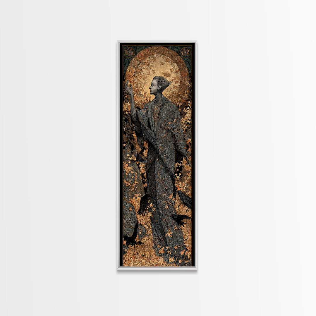 The Autumn-Leaf Ghost, Stained Glass Gothic Art, Tall Narrow Wall Art, Dark Fantasy Wall Art, Canvas Print, Halloween Wall Art