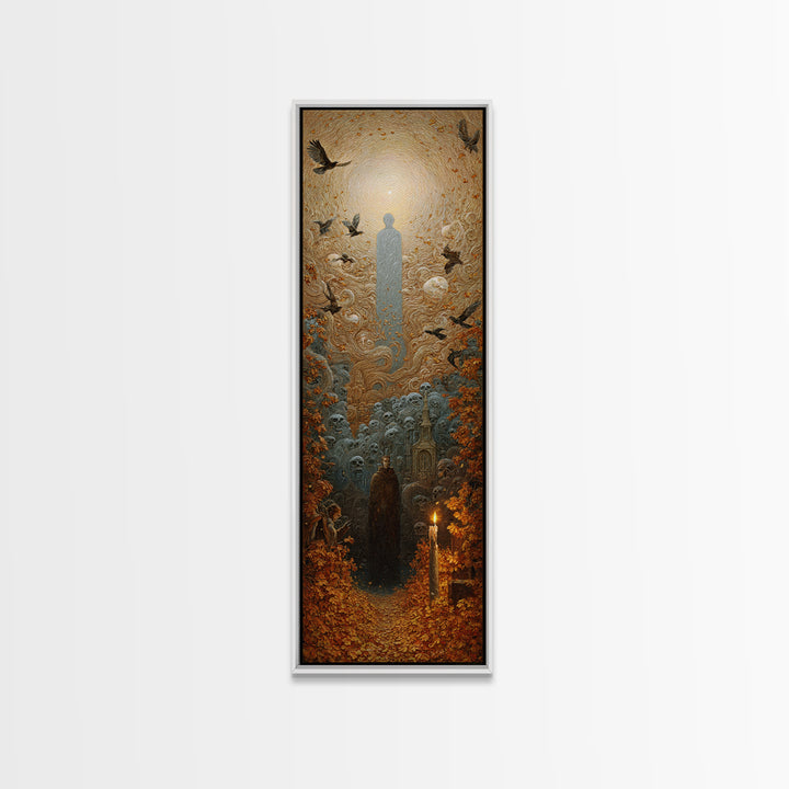 The Autumn-Leaf Ghost, Surreal Apocalyptic Art, Tall Narrow Wall Art, Dark Halloween Decor, Framed Canvas Print, Halloween Wall Art