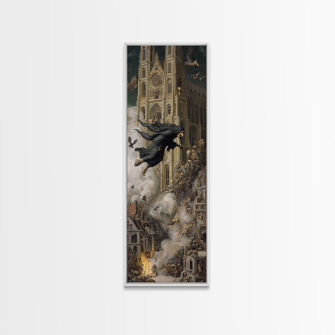 The Cathedral Of Bones, Medieval Grotesque Art, Tall Narrow Wall Art, Dark Halloween Decor, Framed Canvas Print, Halloween Wall Art