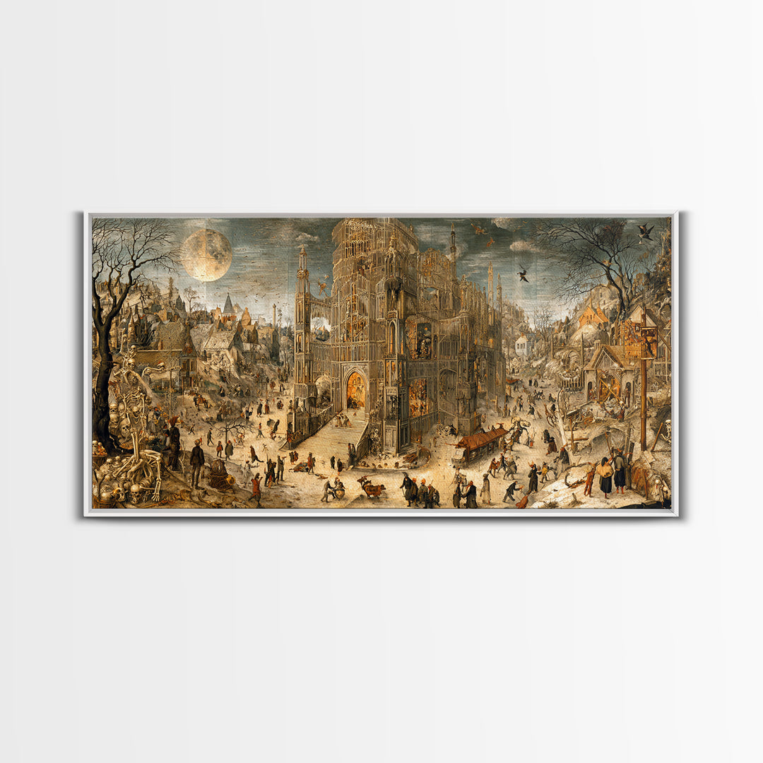 The Cathedral Of Bones, Northern Renaissance Horror, Wide Panoramic Art, Gothic Horror Wall Art, Framed Canvas Print
