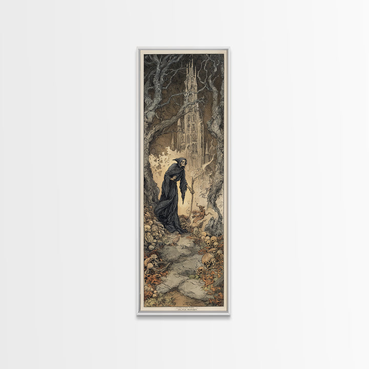 The Cathedral Of Bones, Gothic Storybook Art, Tall Narrow Wall Art, Macabre Wall Art, Canvas Print, Halloween Wall Art