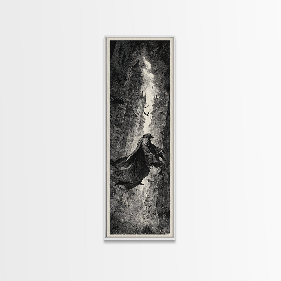 The Town Where Shadows Live, Gothic Engraving Art, Tall Narrow Wall Art, Dark Fantasy Wall Art, Canvas Print, Halloween Wall Art