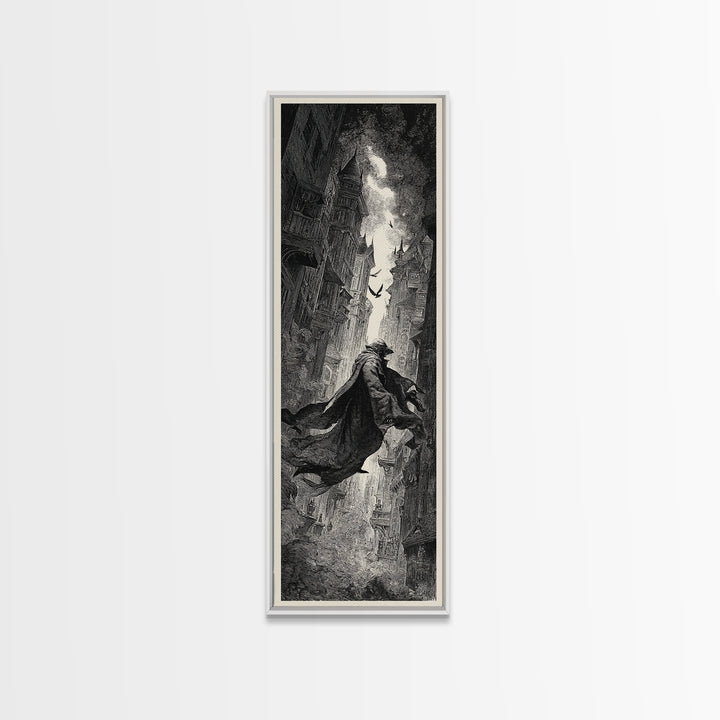 The Town Where Shadows Live, Gothic Engraving Art, Tall Narrow Wall Art, Dark Fantasy Wall Art, Canvas Print, Halloween Wall Art