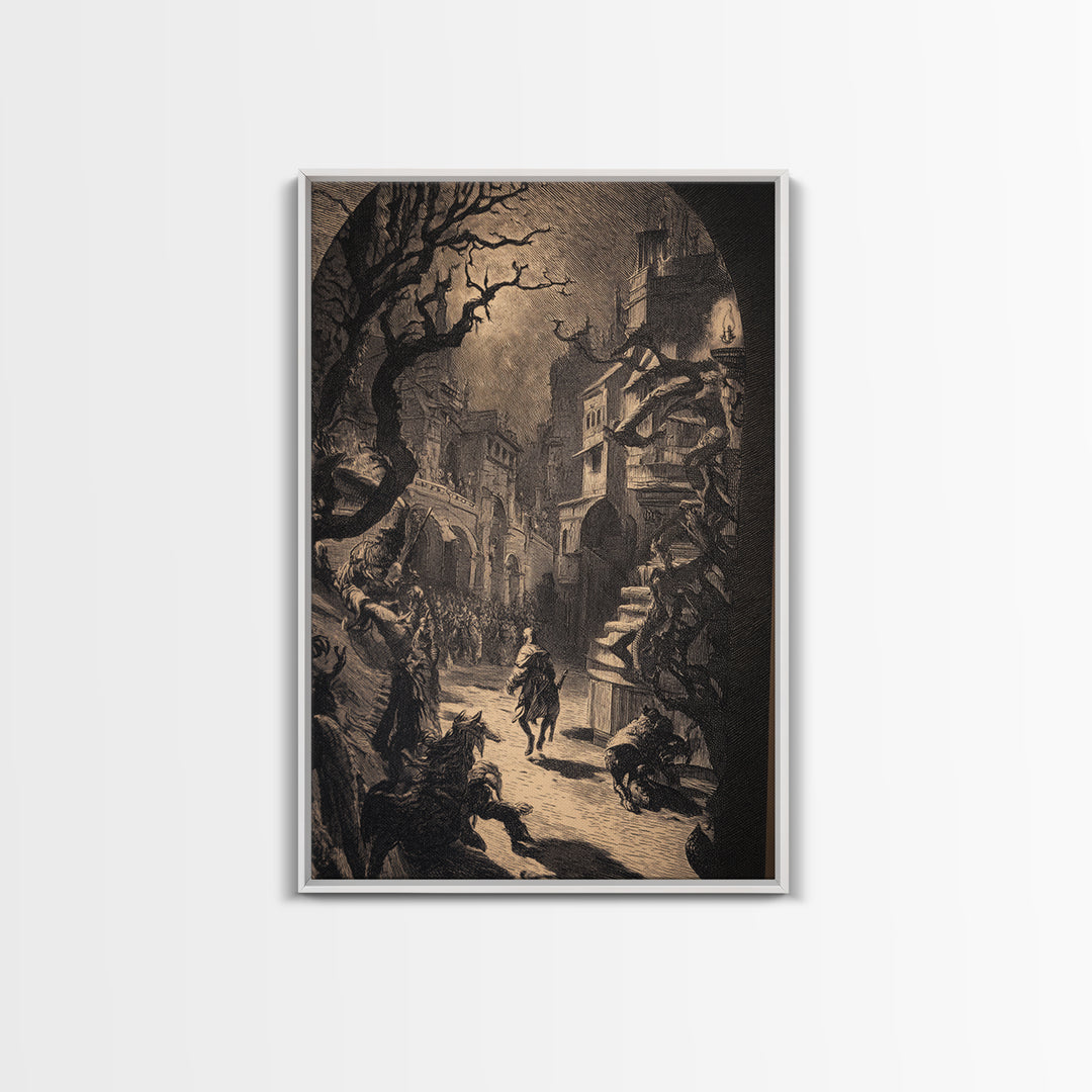 The Town Where Shadows Live, Renaissance Engraving Art, Vertical Wall Art, Dark Fantasy Wall Art, Canvas Print, Halloween Wall Art