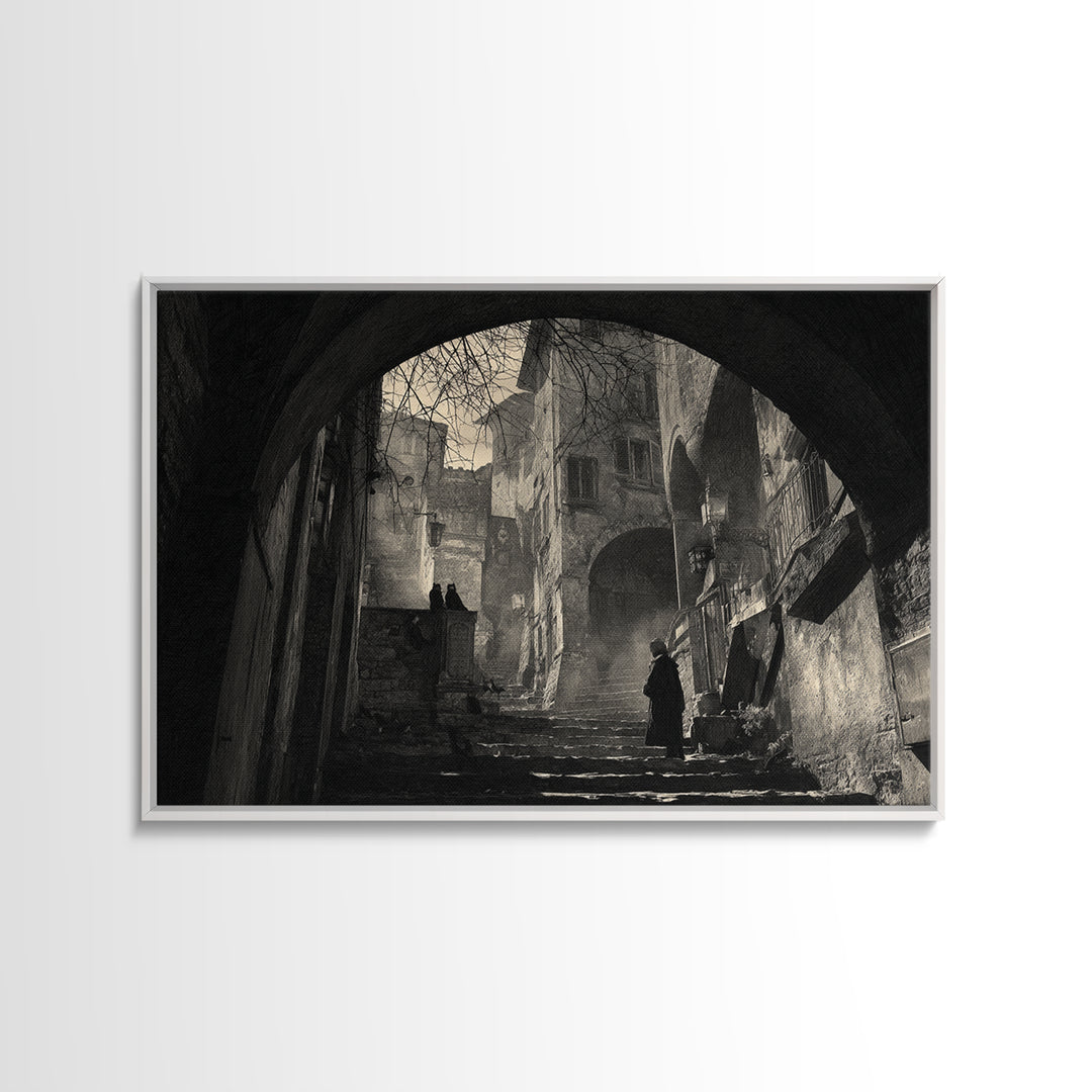 The Town Where Shadows Live, Architectural Etching Art, Landscape Wall Art, Dark Halloween Decor, Canvas Print