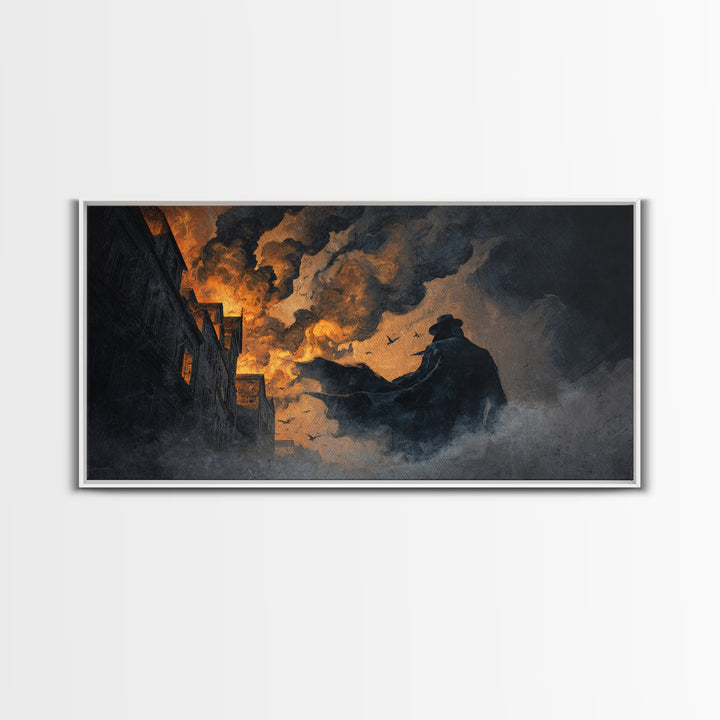 The Town Where Shadows Live, Apocalyptic Romantic Art, Wide Panoramic Art, Macabre Wall Art, Framed Canvas Print, Halloween Wall Art
