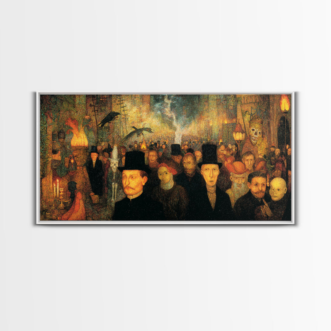 The Town Where Shadows Live, Grotesque Carnival Art, Wide Panoramic Art, Dark Halloween Decor, Canvas Print, Halloween Wall Art