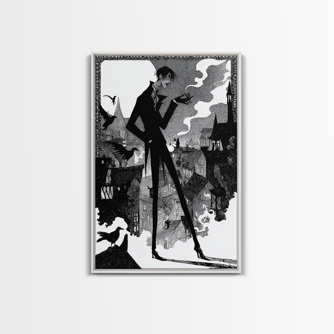 The Town Where Shadows Live, Decadent Line Art, Vertical Wall Art, Dark Halloween Decor, Framed Canvas Print, Halloween Wall Art