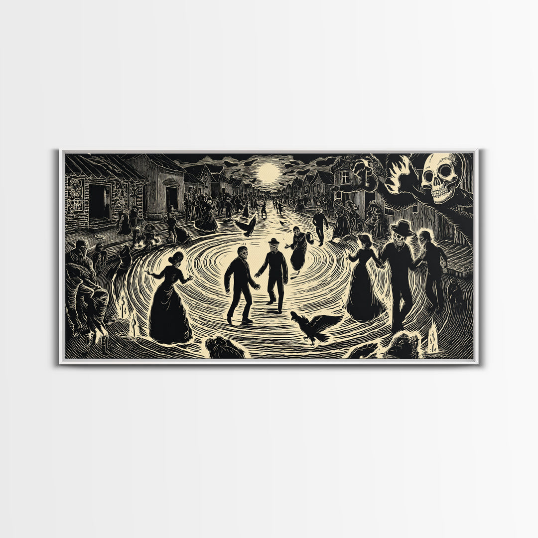 The Town Where Shadows Live, Macabre Folk Print Art, Wide Panoramic Art, Dark Fantasy Wall Art, Canvas Print, Halloween Wall Art