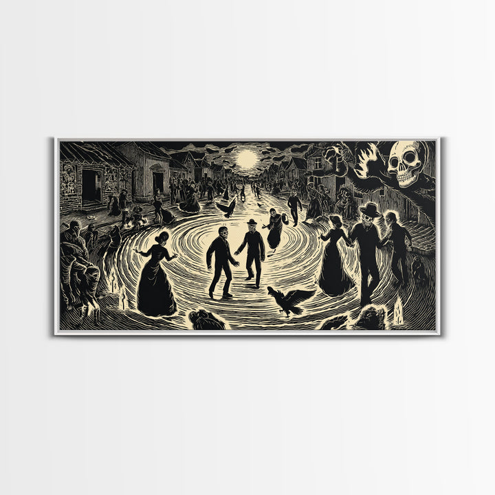 The Town Where Shadows Live, Macabre Folk Print Art, Wide Panoramic Art, Dark Fantasy Wall Art, Canvas Print, Halloween Wall Art