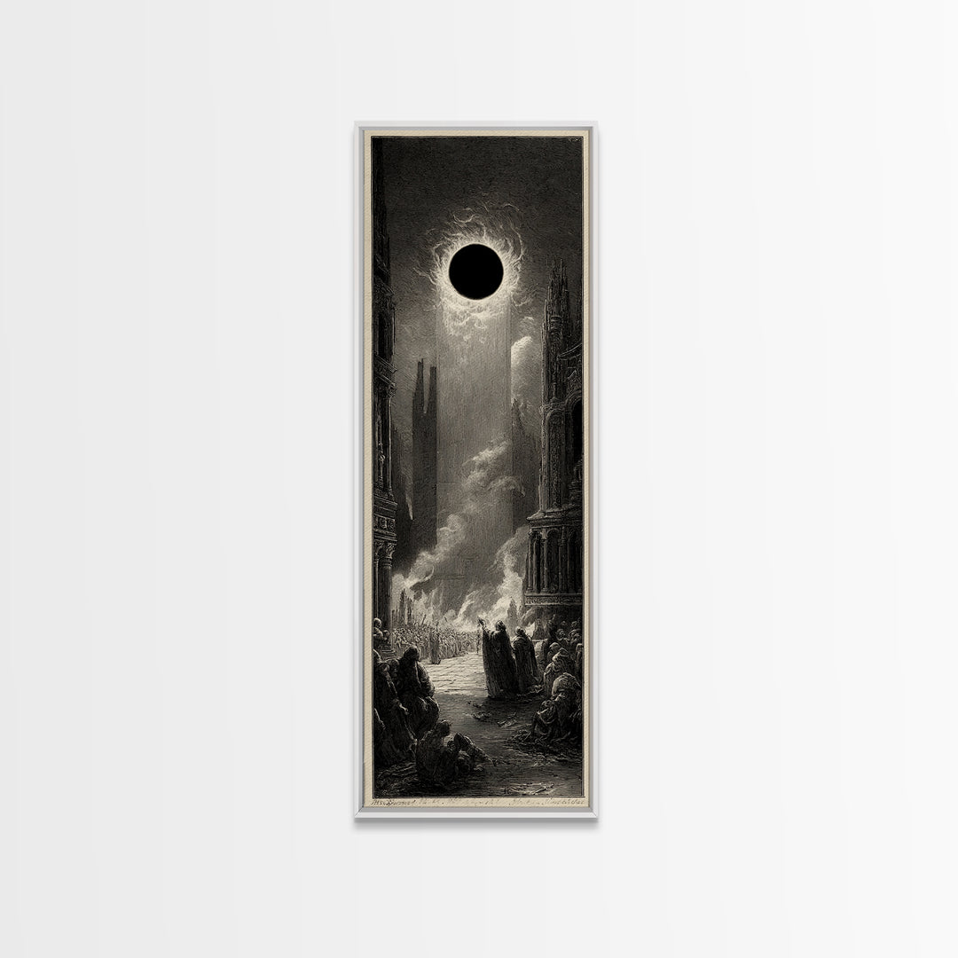 The Eclipse Summoning, Gothic Engraving Art, Tall Narrow Wall Art, Gothic Horror Wall Art, Framed Canvas Print, Halloween Wall Art