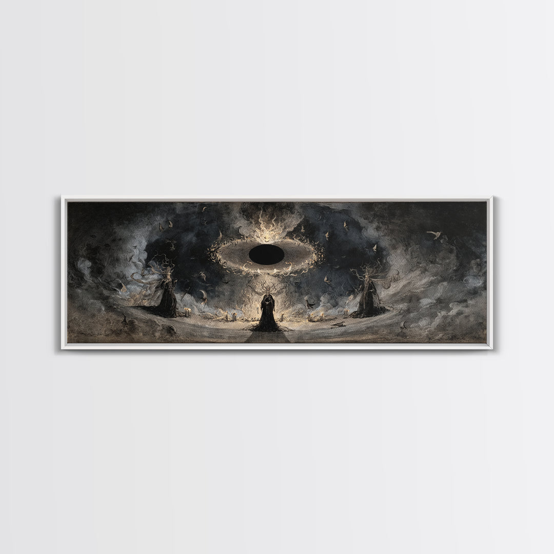The Eclipse Summoning, Dark Romantic Horror Art, Extra Wide Wall Art, Dark Halloween Decor, Framed Canvas Print, Halloween Wall Art