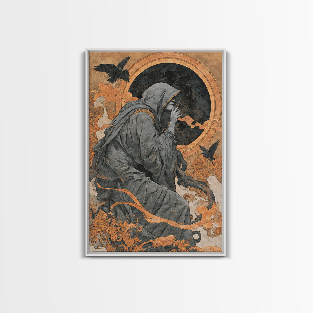 The Eclipse Summoning, Symbolist Death Art, Vertical Wall Art, Dark Fantasy Wall Art, Framed Canvas Print, Halloween Wall Art