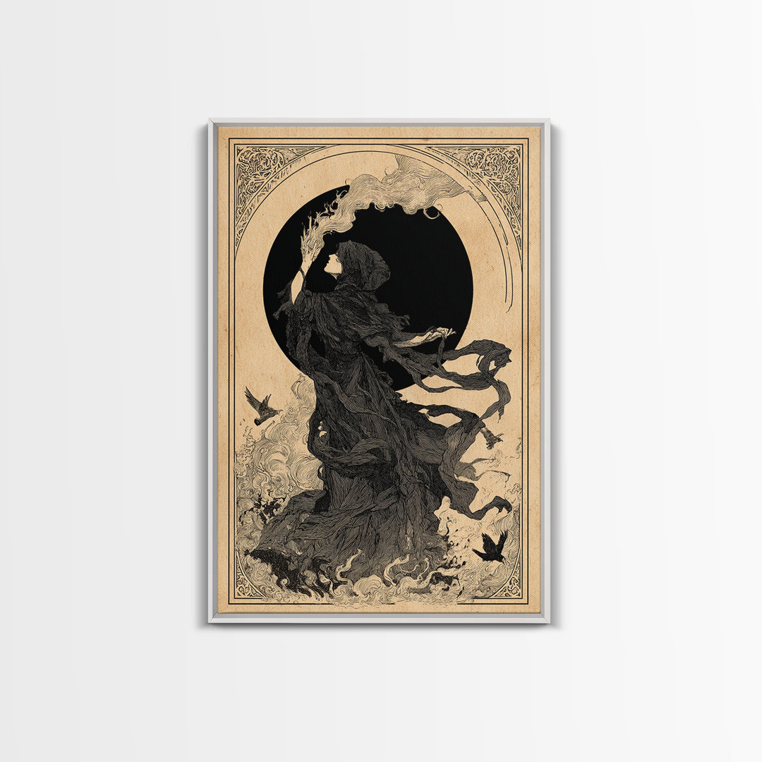 The Eclipse Summoning, Decadent Line Art, Vertical Wall Art, Macabre Wall Art, Framed Canvas Print, Halloween Wall Art