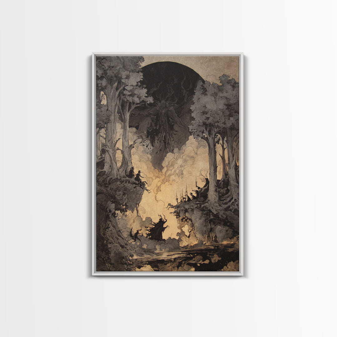 The Eclipse Summoning, Gothic Storybook Art, Vertical Wall Art, Dark Halloween Decor, Framed Canvas Print, Halloween Wall Art