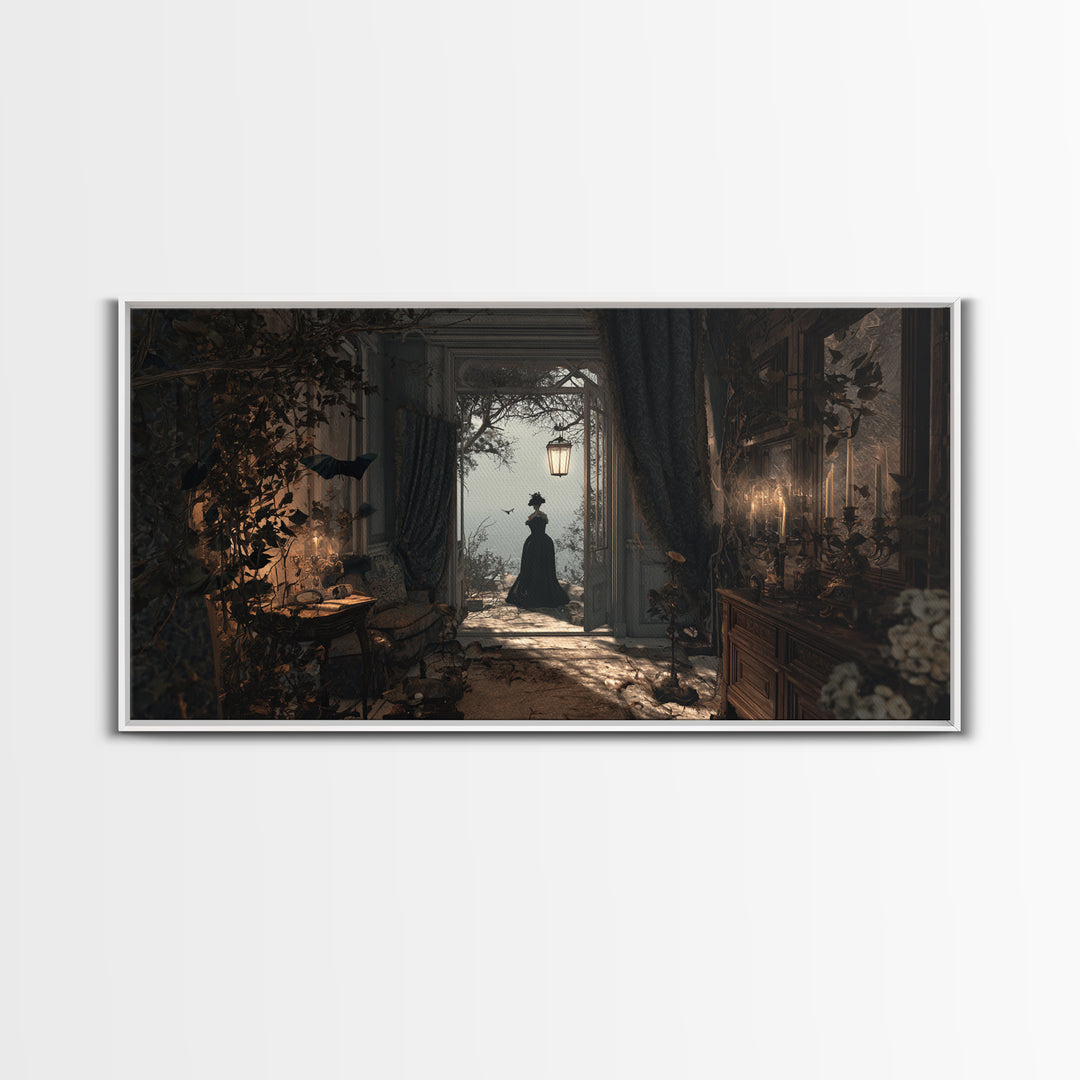 The Last House At The World'S Edge, Symbolist Gothic Landscape, Wide Panoramic Art, Dark Halloween Decor, Framed Canvas Print
