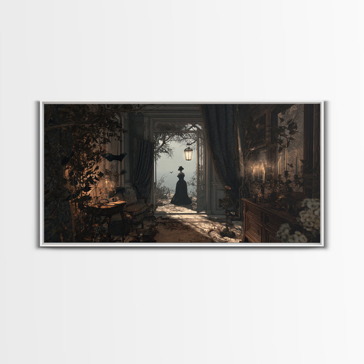 The Last House At The World'S Edge, Symbolist Gothic Landscape, Wide Panoramic Art, Dark Halloween Decor, Framed Canvas Print