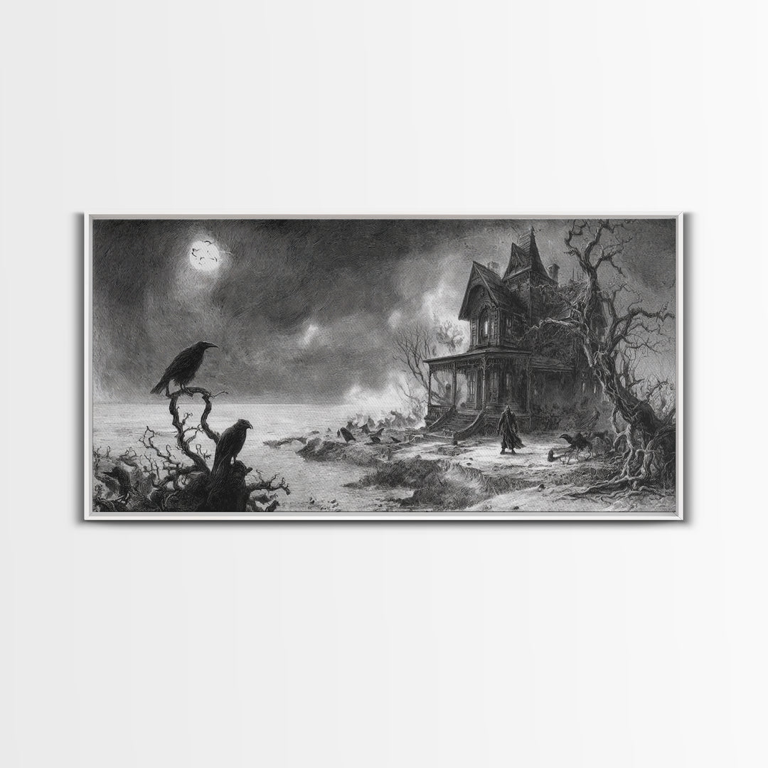 The Last House At The World'S Edge, Expressionist Nightmare Art, Wide Panoramic Art, Dark Halloween Decor, Framed Canvas Print