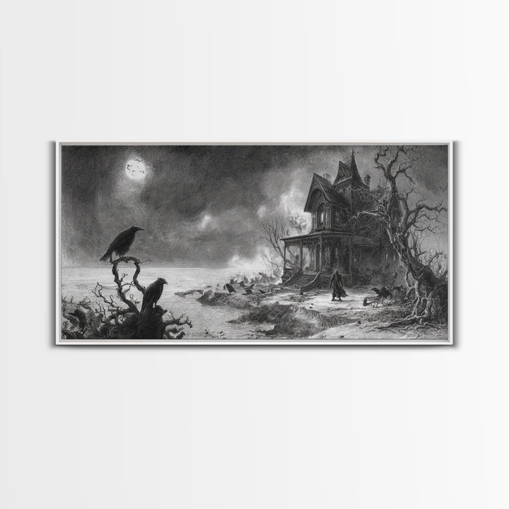The Last House At The World'S Edge, Expressionist Nightmare Art, Wide Panoramic Art, Dark Halloween Decor, Framed Canvas Print
